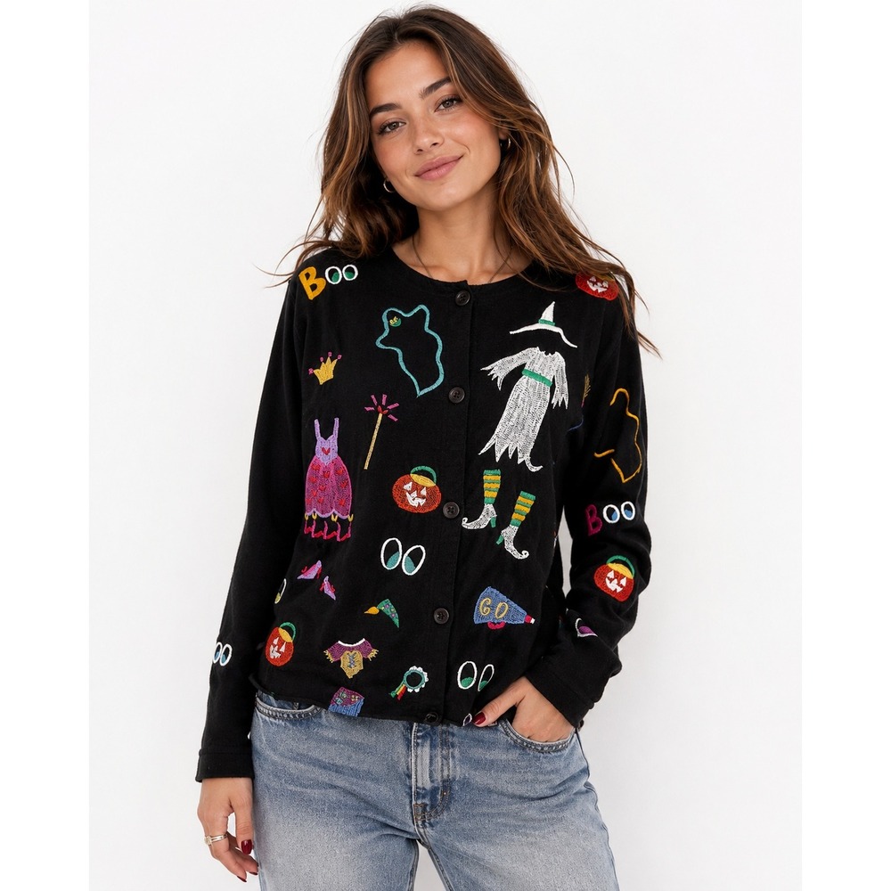 Michael Simon Halloween Top Women Black Embroidered Witch Ghost Boo XL